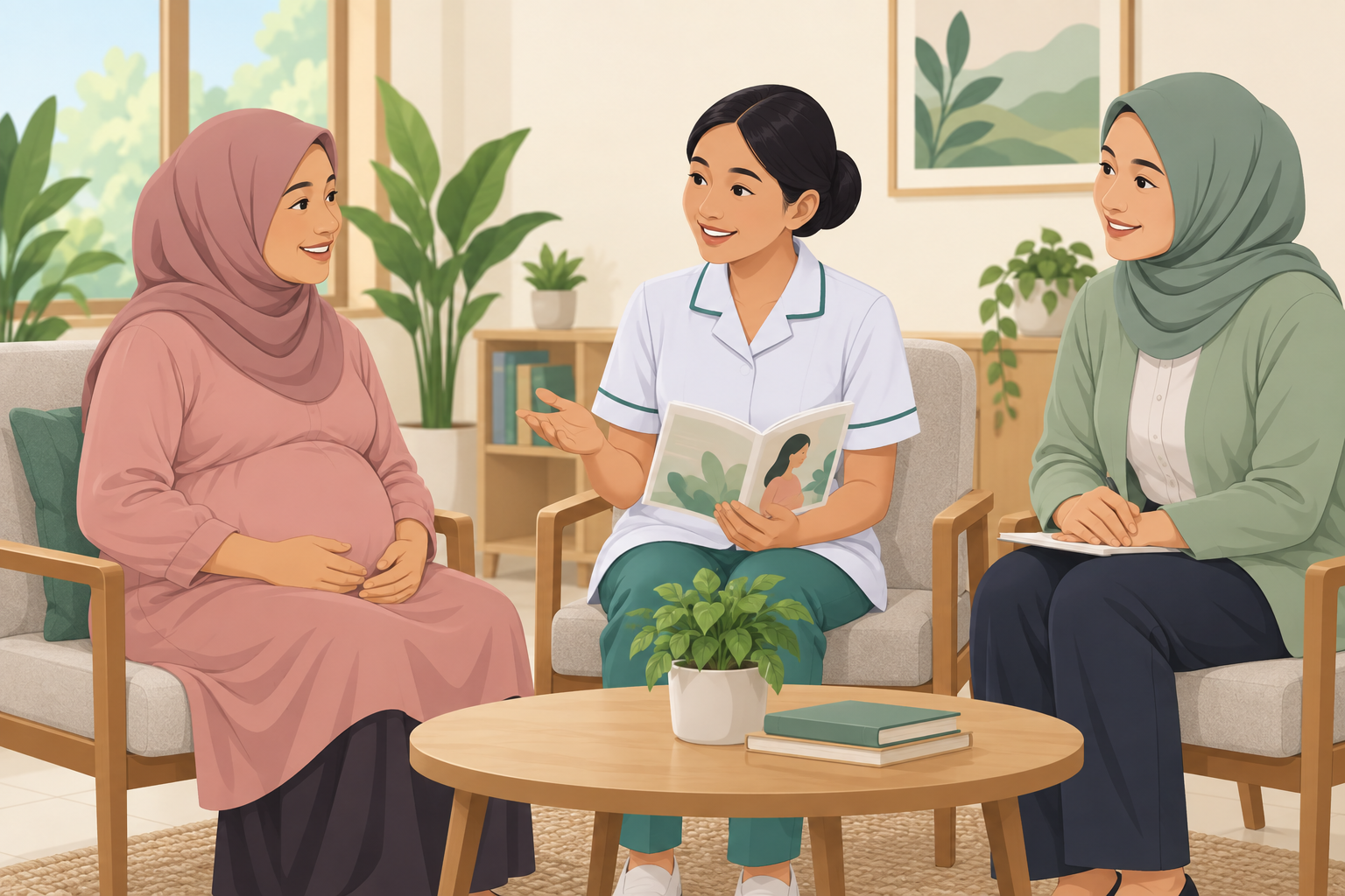 Ilustrasi ibu hamil berdialog dengan mahasiswa keperawatan, didampingi pembimbing.